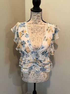 Altar'd State White Floral Ruffle V-Neck Blouse - Blue & Yellow